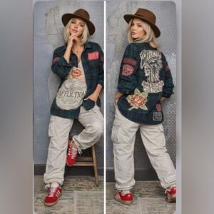 Affliction Dark Plaid Shirt with Patches